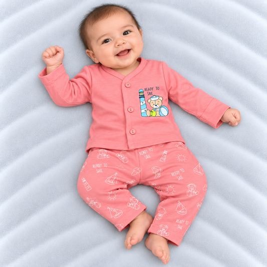 Cucumber baby girls pink cotton T-shirt and pants set with teddy sailor and lighthouse print