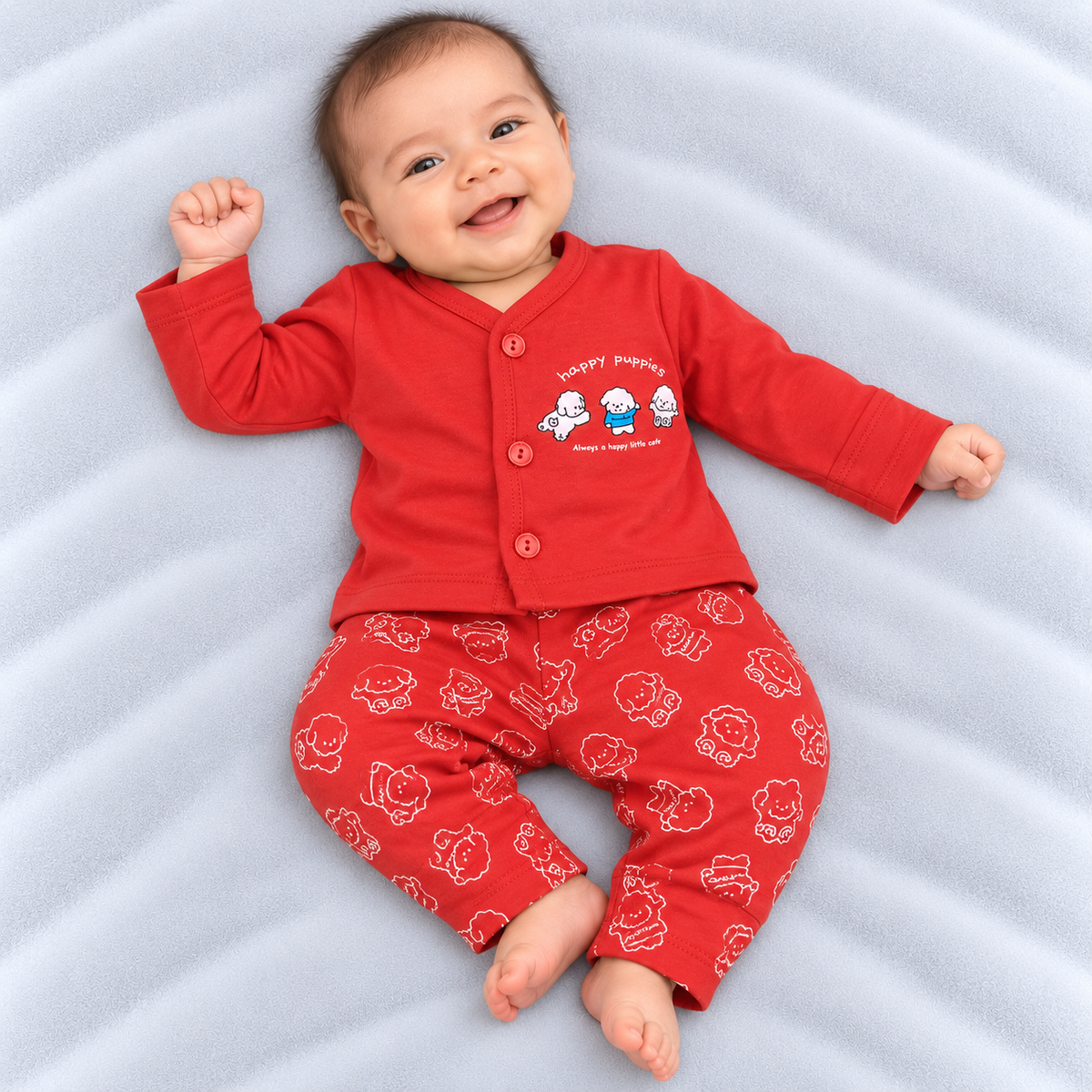 Cucumber baby boys red cotton T-shirt and pants set with Happy Puppies dog print and full sleeves