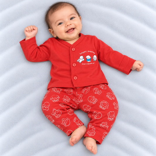 Cucumber baby boys red cotton T-shirt and pants set with Happy Puppies dog print and full sleeves