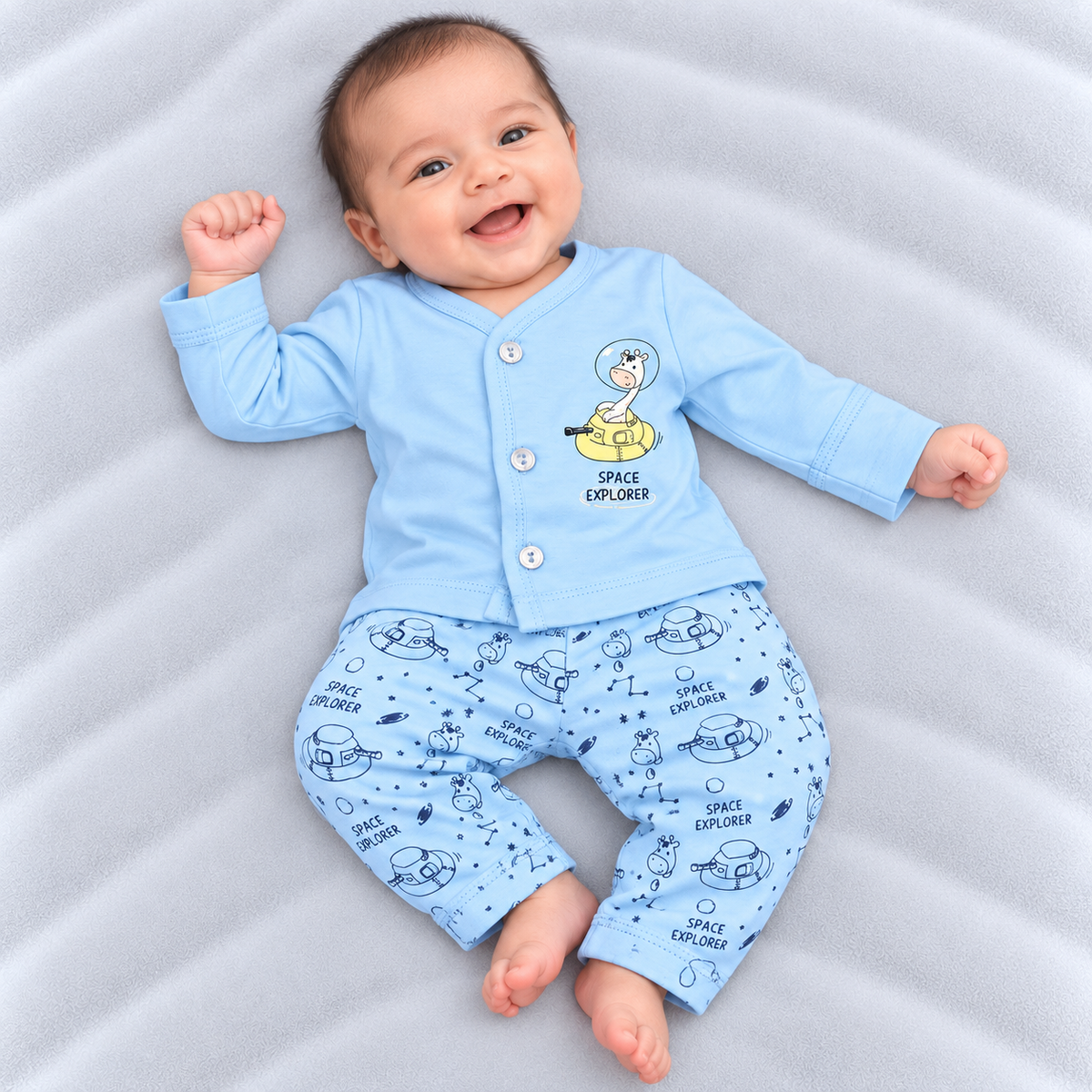 Cucumber baby boys sky blue cotton T-shirt and pants set with space explorer rocket and astronaut print