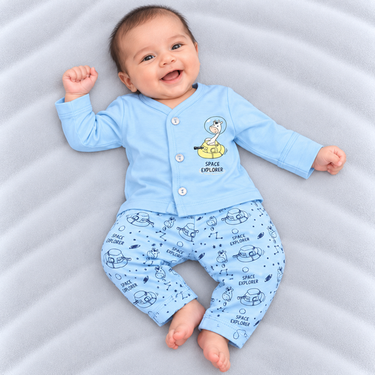 Cucumber baby boys sky blue cotton T-shirt and pants set with space explorer rocket and astronaut print
