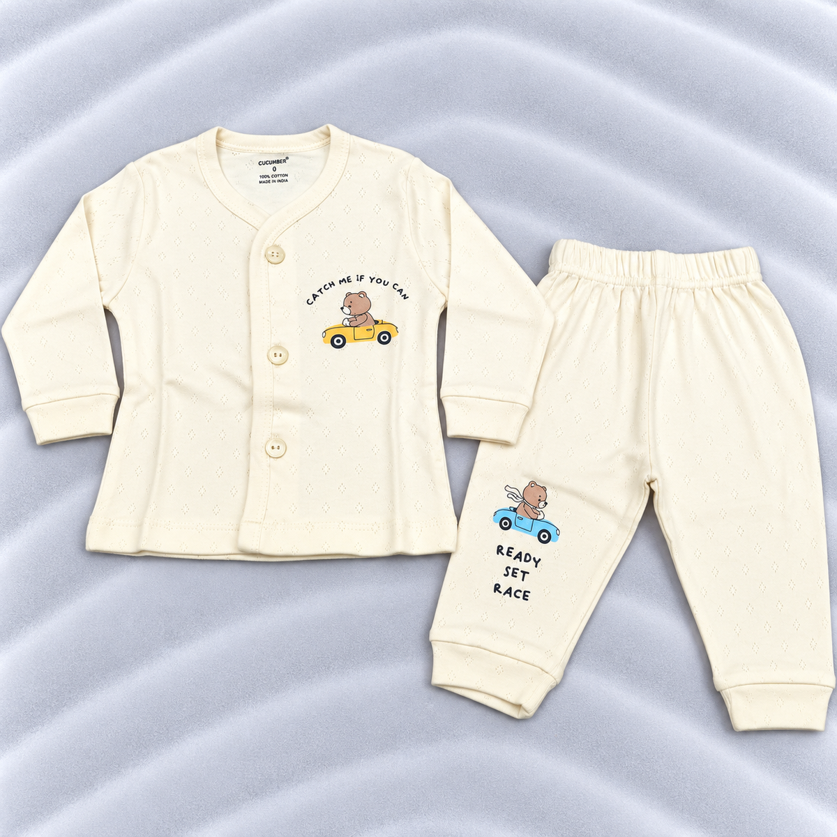 Cucumber Baby Boys Cream Cotton Teddy Bear Car Print Shirt & Pants Set