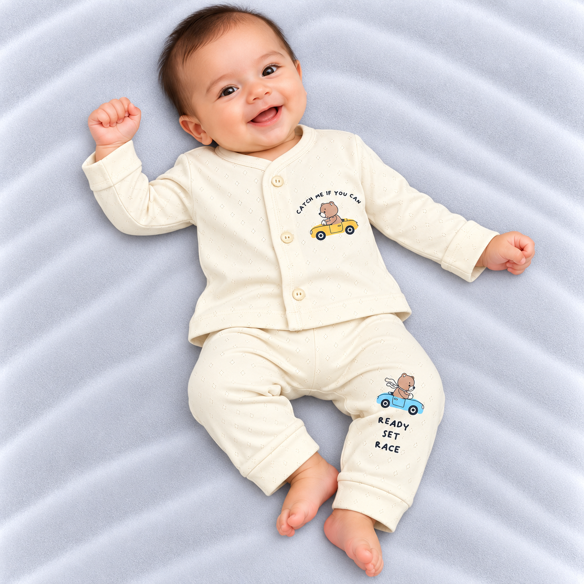 Cucumber baby boys cream cotton shirt and pants set with teddy bear car print