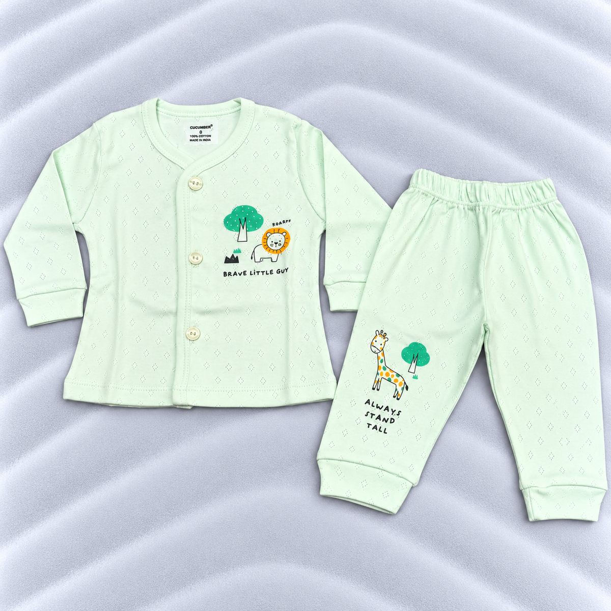 Cucumber baby boys mint green cotton shirt and pants set with lion and giraffe print