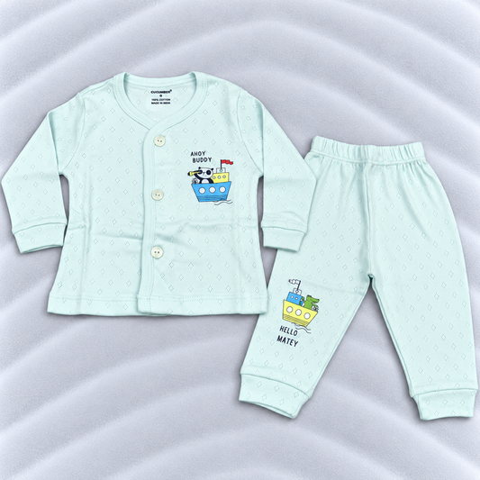 Cucumber Baby Boys Mint Green Cotton Ship Print Shirt & Pants Set
