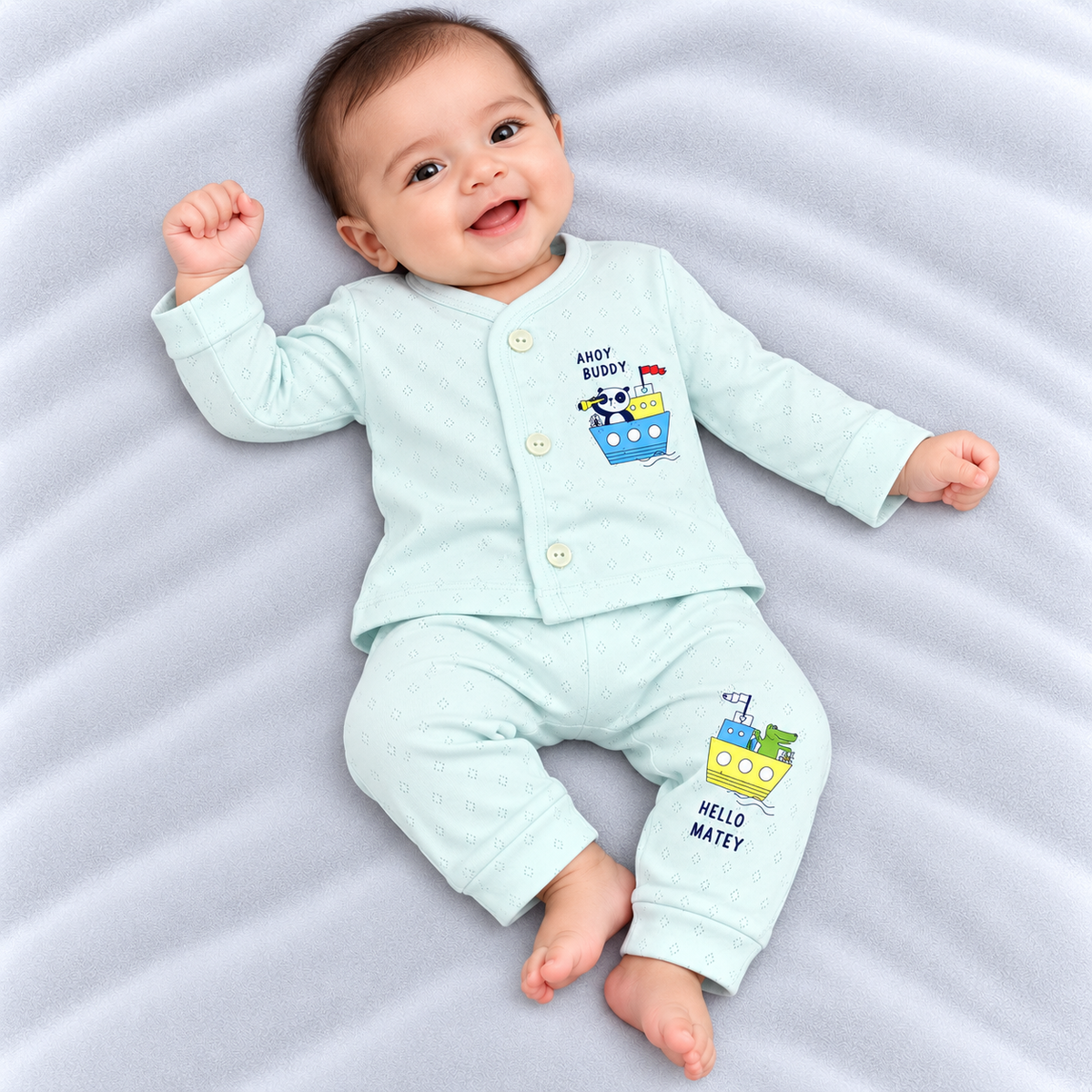 Cucumber baby boys mint green cotton shirt and pants set with cute ship and boat print