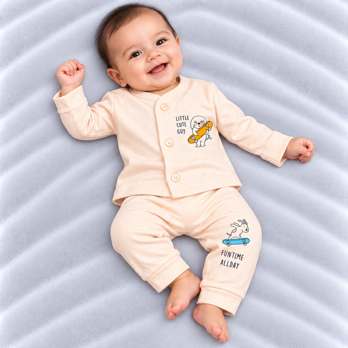 Cucumber baby boys peach cotton shirt and pants set with cute skating animal print