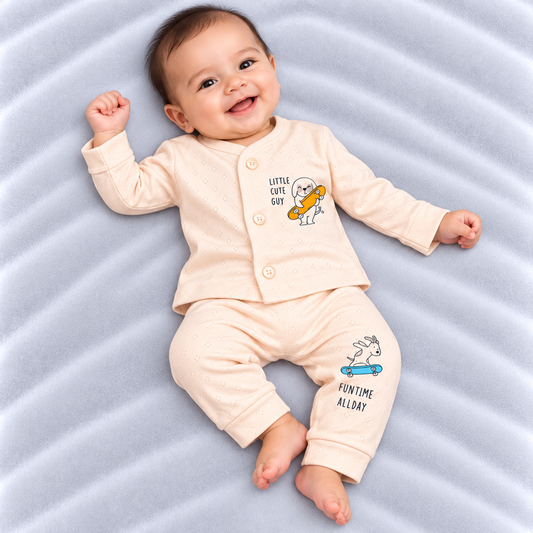 Cucumber baby boys peach cotton shirt and pants set with cute skating animal print