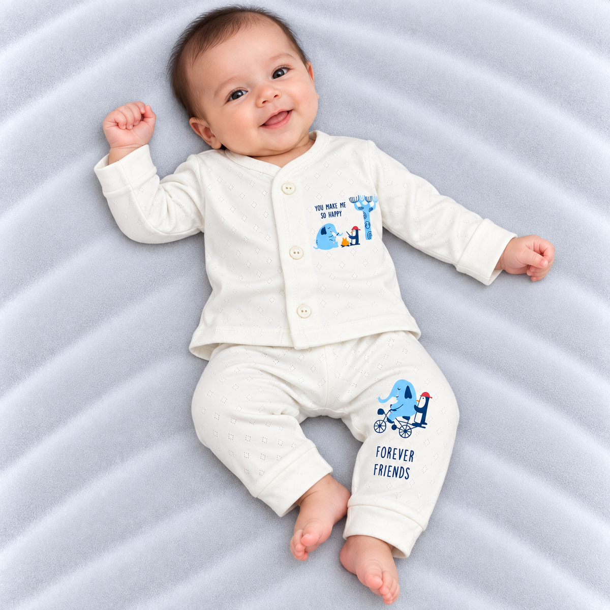 Cucumber baby boys white cotton shirt and pants set with cute elephant friendship print | Cutypi