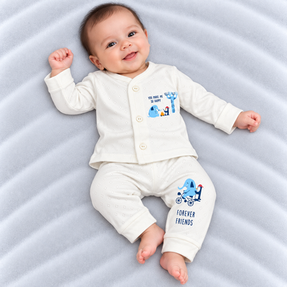 Cucumber baby boys white cotton shirt and pants set with cute elephant friendship print | Cutypi