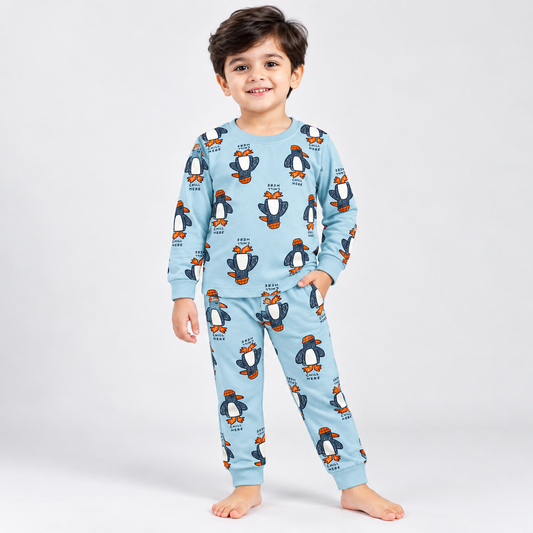 Cucumber boys light blue full sleeve sweatshirt with matching penguin print jogger pants featuring cute cartoon penguins and orange accents
