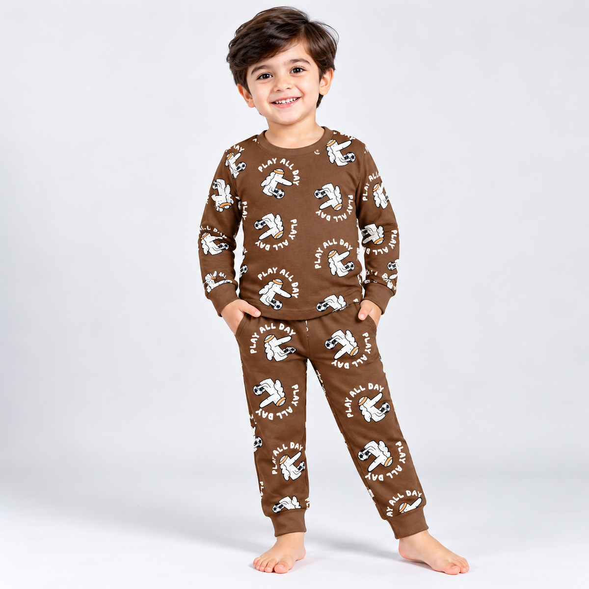 Cucumber boys brown full sleeve sweatshirt and matching jogger pants with playful white cartoon prints and Play All Day text