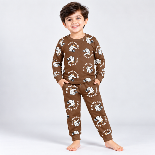 Cucumber boys brown full sleeve sweatshirt and matching jogger pants with playful white cartoon prints and Play All Day text
