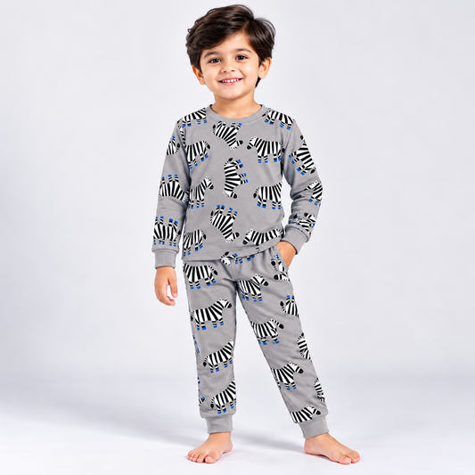 Cucumber boys grey zebra print full sleeve sweatshirt with matching jogger pants, black and white zebra pattern with blue accents