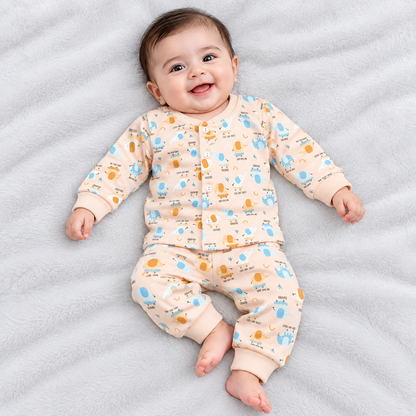 Cucumber baby peach fleece winter suit with cute blue and orange elephant prints, featuring a full-sleeve button-front top and matching pants