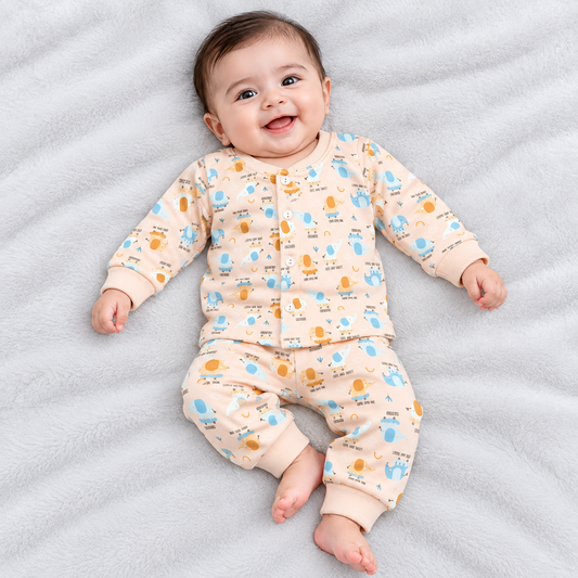 Cucumber baby peach fleece winter suit with cute blue and orange elephant prints, featuring a full-sleeve button-front top and matching pants