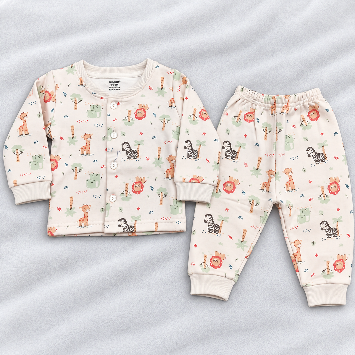 Cucumber Baby Unisex Cream Fleece Winter Suit with Cute Jungle Animal Print