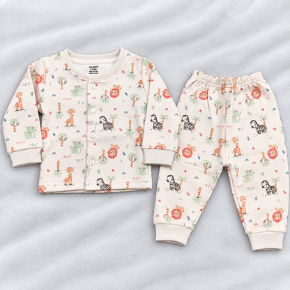 Cucumber Baby Unisex Cream Fleece Winter Suit with Cute Jungle Animal Print