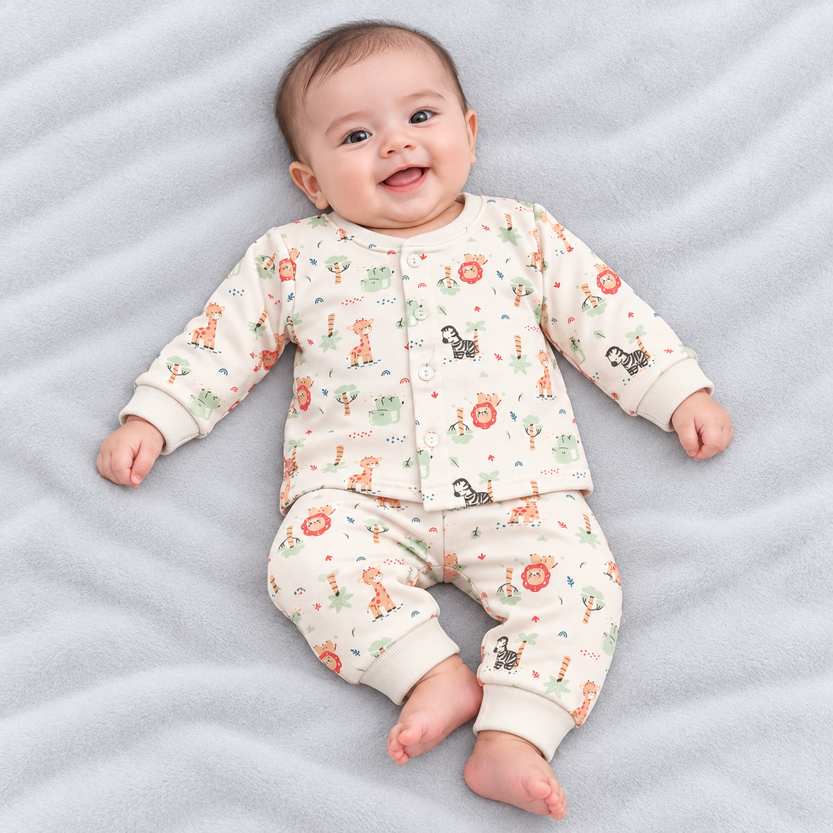 Cucumber baby cream fleece winter suit with colourful jungle animal prints featuring lions, giraffes, zebras and trees, with a button-front top and matching pants
