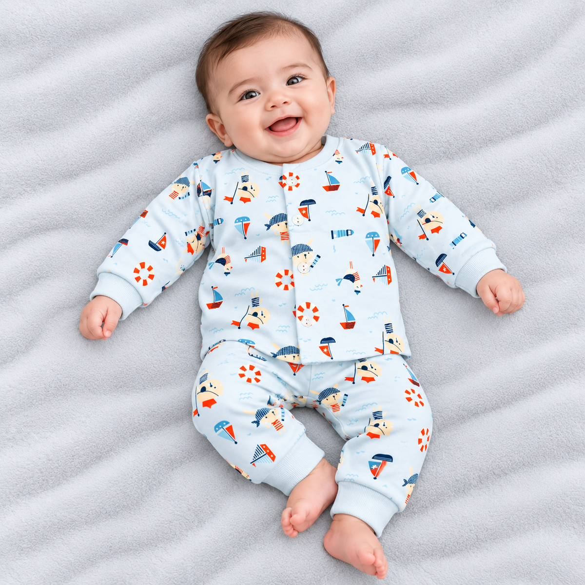 Cucumber baby boys sky blue fleece winter suit with colourful sailor, sailboat and lifebuoy prints, featuring a button-front top and matching pants