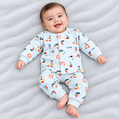 Cucumber baby boys sky blue fleece winter suit with colourful sailor, sailboat and lifebuoy prints, featuring a button-front top and matching pants