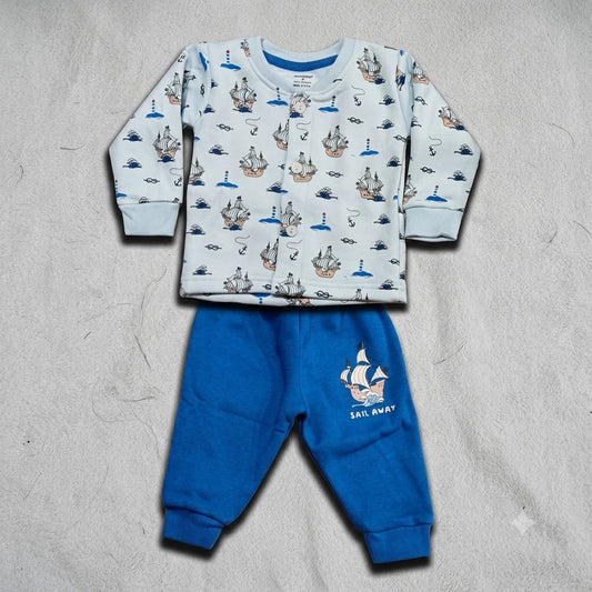 Cucumber Baby White and Blue Fleece Winter Suit with Sailboat Print