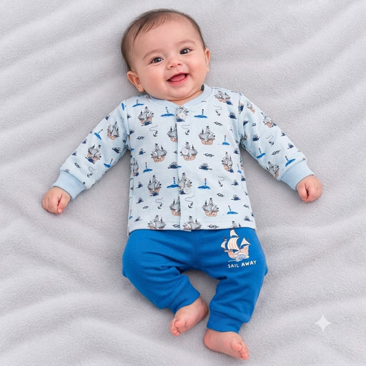 Cucumber baby boys white printed fleece top with blue sailboat and ocean motifs, paired with royal blue jogger pants featuring a Sail Away design
