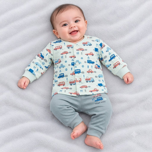 Cucumber baby  mint green fleece winter suit with colourful cars, buses and truck prints, featuring a button-front top and matching sage green jogger pants