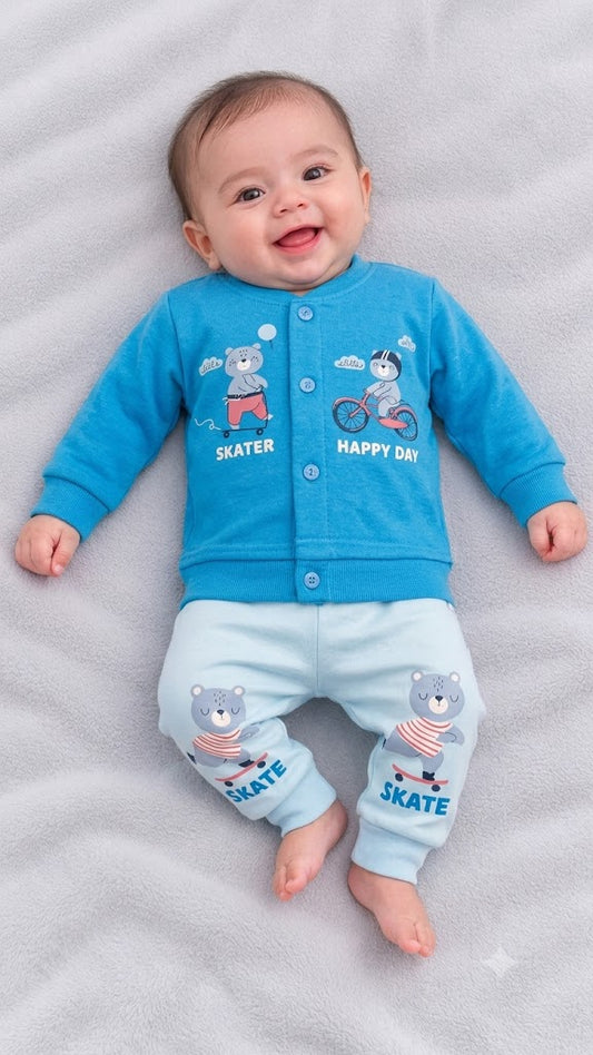 Cucumber baby bright blue fleece jacket with skater and bicycle graphics, paired with light blue jogger pants featuring cute skating bear prints