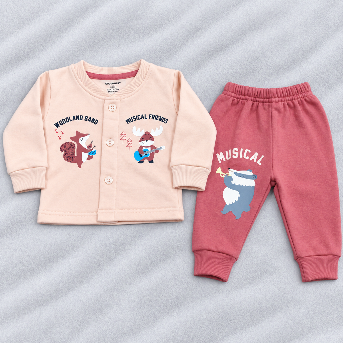 Cucumber Baby Pink Fleece Winter Suit with Woodland Animal Print