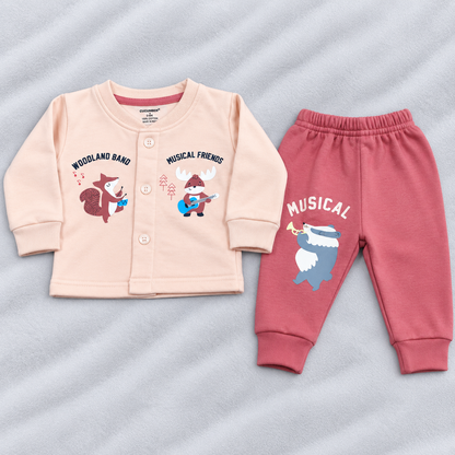 Cucumber Baby Pink Fleece Winter Suit with Woodland Animal Print