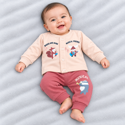 Cucumber baby peach pink fleece winter suit with woodland animal prints featuring a musical fox and moose, paired with dusty rose jogger pants with a musical animal graphic
