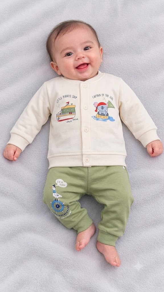 Cucumber baby  cream fleece winter top with cute pirate ship and sailor elephant prints, paired with olive green jogger pants featuring a seagull and ship wheel graphic