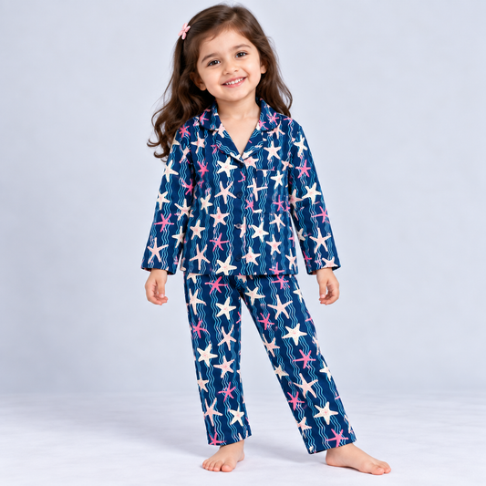 Cucu Cuddles Girls Navy Blue Starfish Printed Night Suit