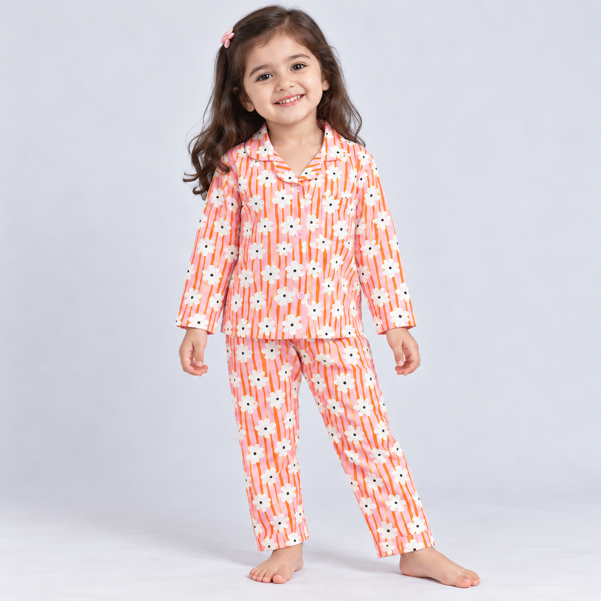Cuccu Cuddles Girls Orange Floral Printed Night Suit