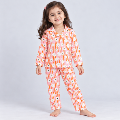 Cuccu Cuddles Girls Orange Floral Printed Night Suit