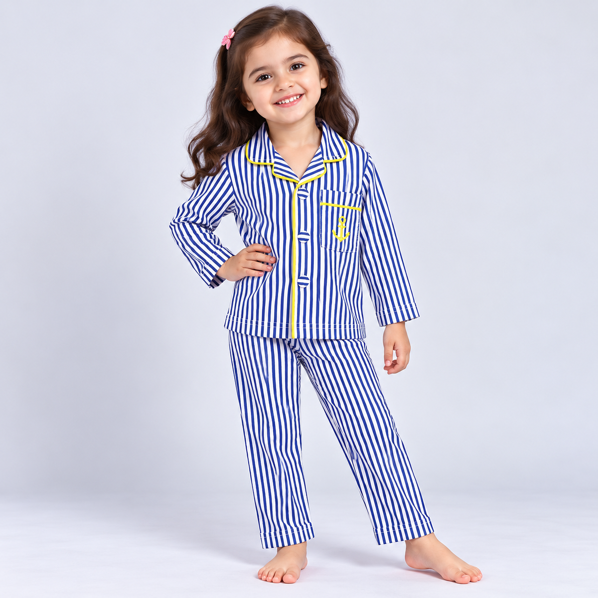 Cucumber kids blue and white striped cotton night suit with anchor pocket and full-length pants