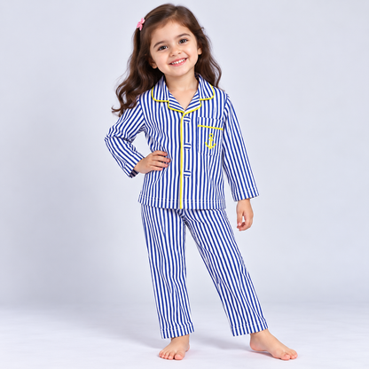 Cucumber kids blue and white striped cotton night suit with anchor pocket and full-length pants