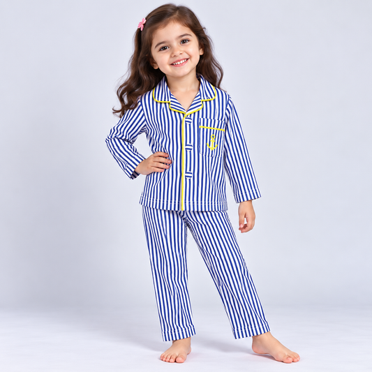 Cucumber kids blue and white striped cotton night suit with anchor pocket and full-length pants