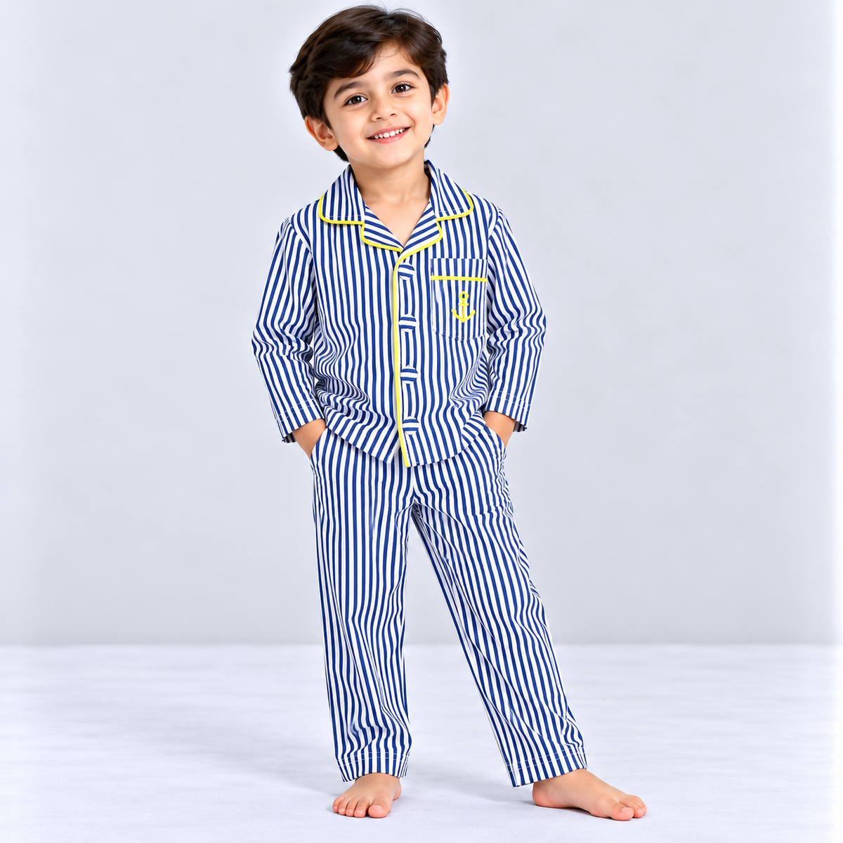 Cucumber Kids Blue & White Striped Cotton Night Suit with Anchor Pocket