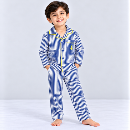 Cucumber Kids Blue & White Striped Cotton Night Suit with Anchor Pocket