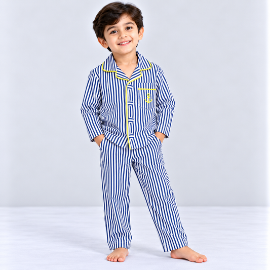 Cucumber Kids Blue & White Striped Cotton Night Suit with Anchor Pocket