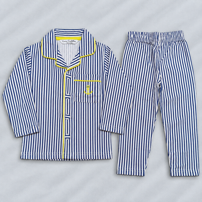 Cucumber Kids Blue & White Striped Cotton Night Suit with Anchor Pocket