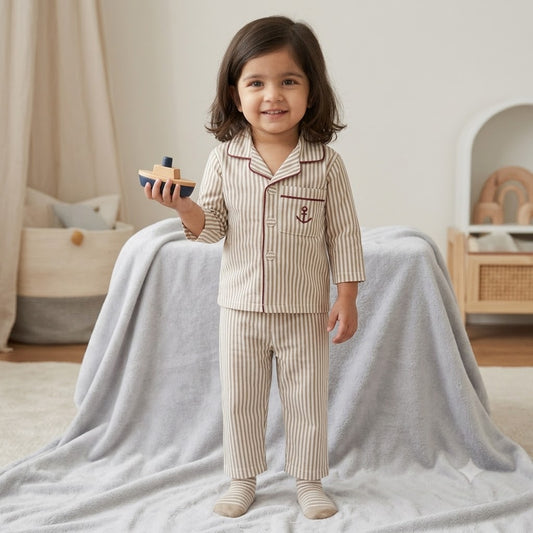 Cucumber kids brown striped cotton night suit with full sleeve collared shirt and pants
