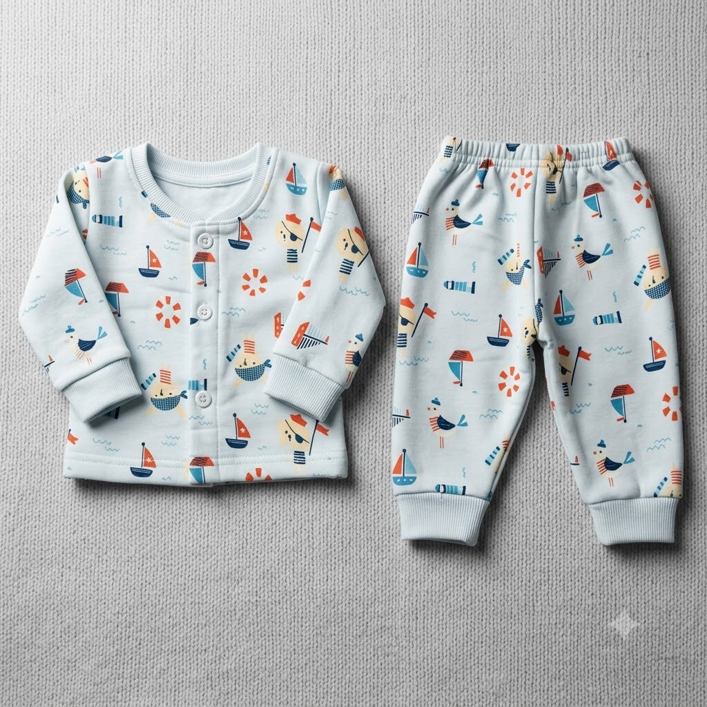 Cucumber Sky Blue Baby Fleece Winter Suit with Sailboat Print