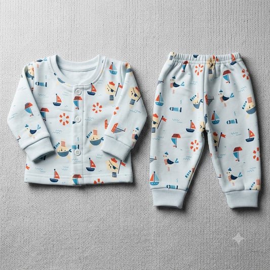 Cucumber Sky Blue Baby Fleece Winter Suit with Sailboat Print
