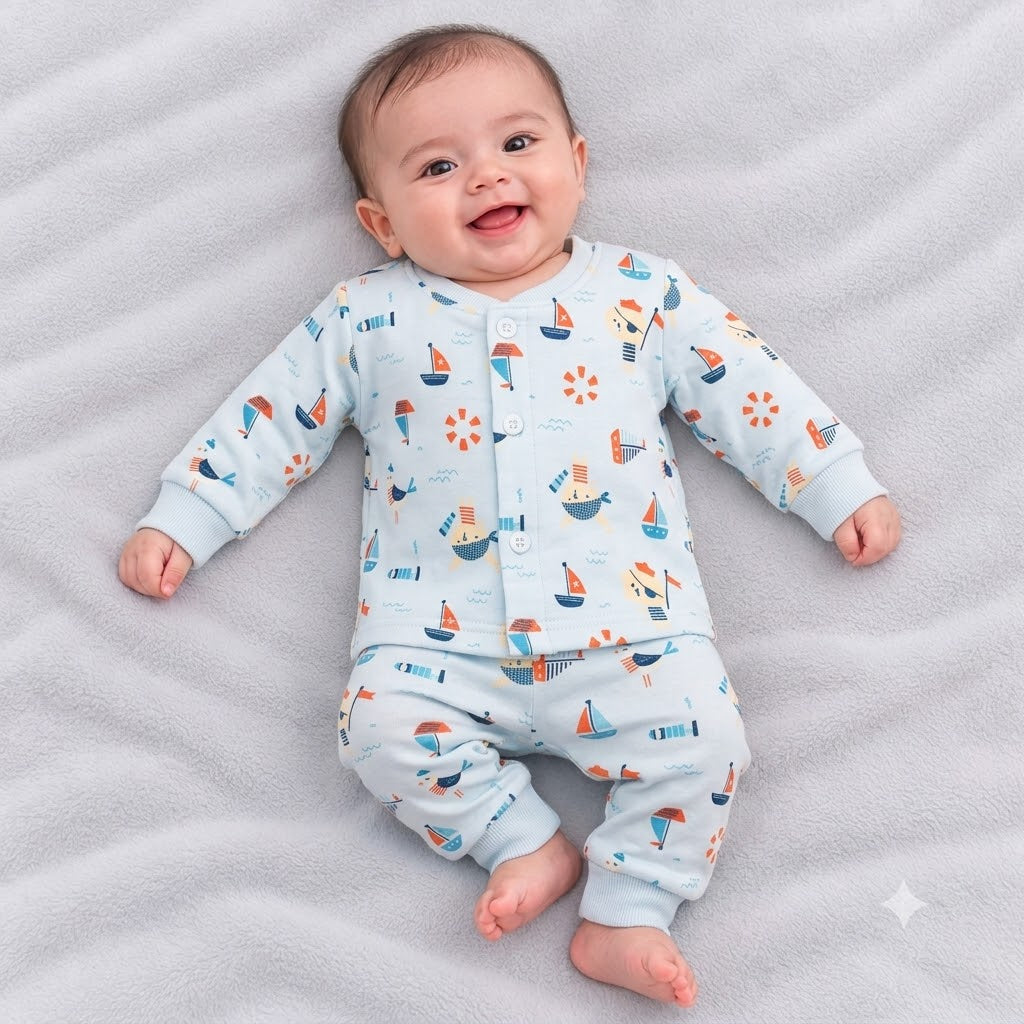 Cucumber Sky Blue Baby Fleece Winter Suit with Sailboat Print