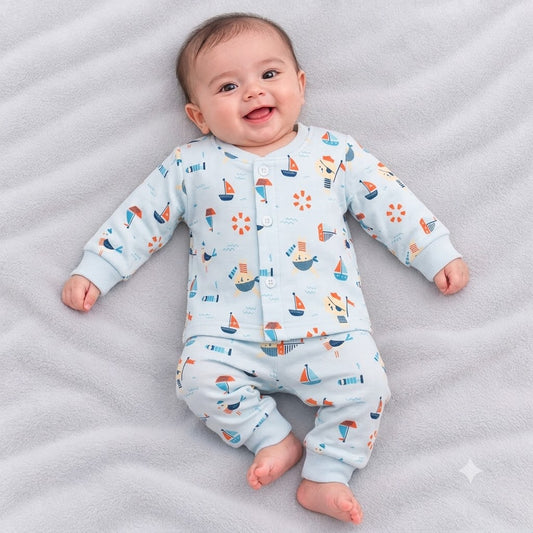 Cucumber Sky Blue Baby Fleece Winter Suit with Sailboat Print