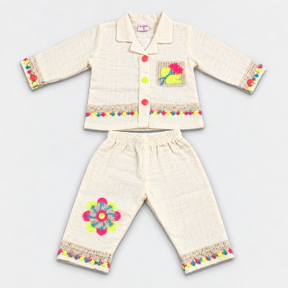 Baby Girls Cream Floral Embroidered Co-ord Set with Colourful Pom-Pom Details