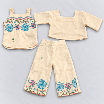 Baby Girls Cream Floral Embroidered Top with Matching Palazzo Pants Set  Image Alt Text
